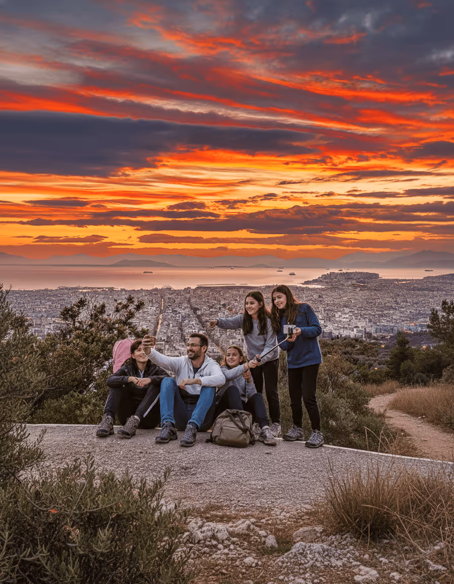 Golden hour light illuminating Athens from Lycabettus summit at off-peak timing